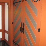 Vestibule doors at the giant Oktoberfest hall, hung on floor closers and offset pivots.