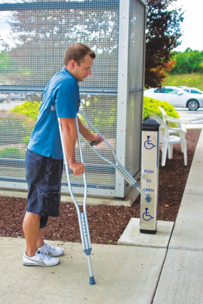 Some jurisdictions require actuators mounted in two positions, or a vertical bar actuator which will allow the door to be operated by a hand/arm or a crutch, cane, or wheelchair footrest.