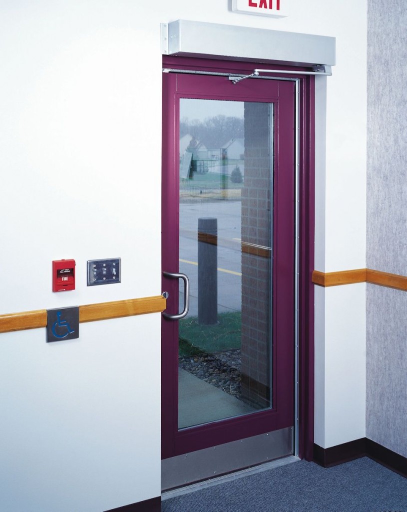 A low-energy automatic operator must be actuated by a knowing act, such as this wall-mounted push button, or must comply with the requirements of ANSI/BHMA A156.10.