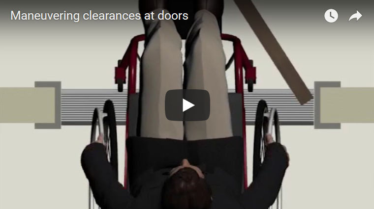 The area around a manually-operated door is required to be kept clear of obstructions, in order to allow a person using a wheelchair, walker, or crutches sufficient space to maneuver when opening the door.  This area is called the maneuvering clearance, and the size of the required clear space can vary depending on whether it is on the push side or pull side of the door, and if the approach to the door is from the front, the latch side, or the hinge side.