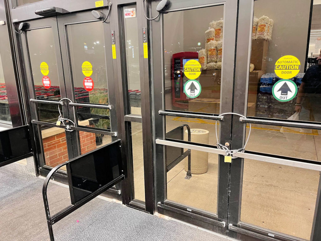We have all seen retail doors with non-code-compliant security methods.  This has only gotten worse with the pandemic and the current security issues in some areas of the U.S.  What would you do if you saw these doors locked while the store was occupied?