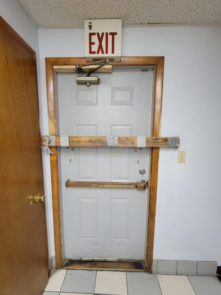 Today's Fixed-it Friday photo was sent in by Shari Dial of Walsh Door & Security - the photo shows the rear exit serving a gas station in rural Illinois.  If you see any interesting doors in your summer travels, you can submit photos using the photo submission link.