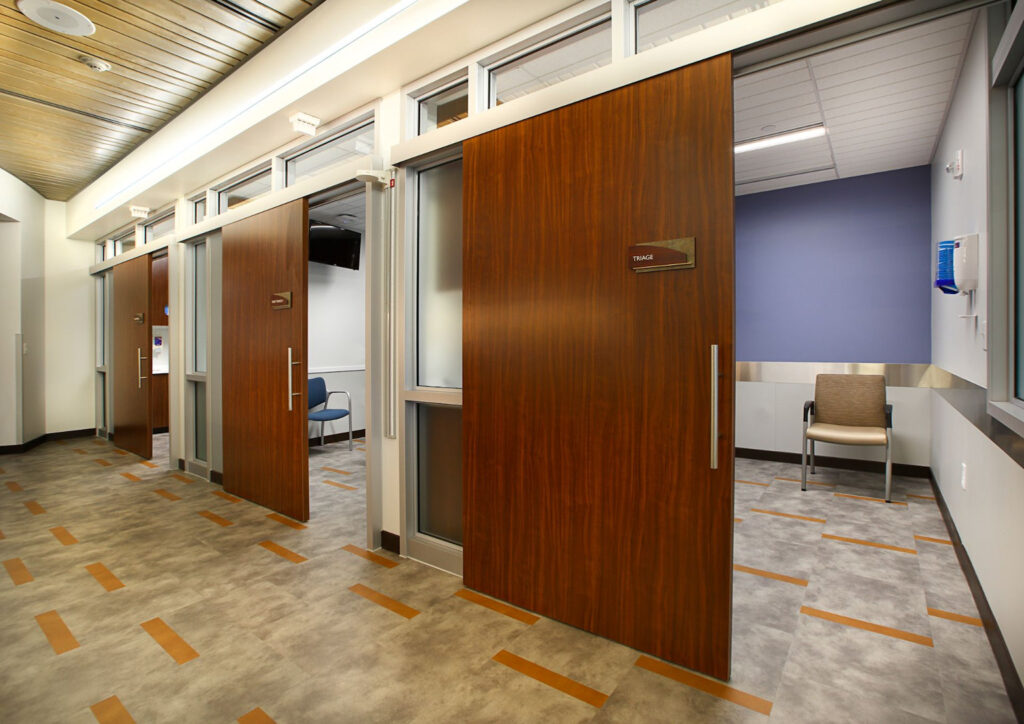 Sliding doors to small meeting spaces.