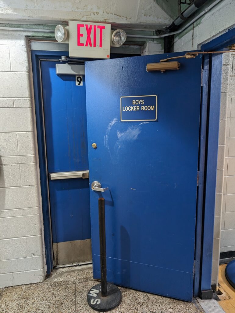 Paul Timm of Allegion sent me this photo, and it illustrates a really great question about doors in a means of egress.  Is there something specific in the codes that would prevent this?