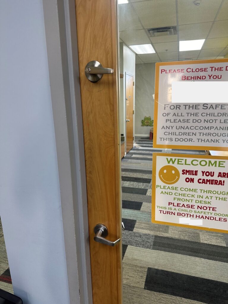 Jamie Lyn Callahan of Allegion sent me today's Wordless Wednesday photos, taken during a kids' birthday party at an indoor playground.  This door makes for a great 