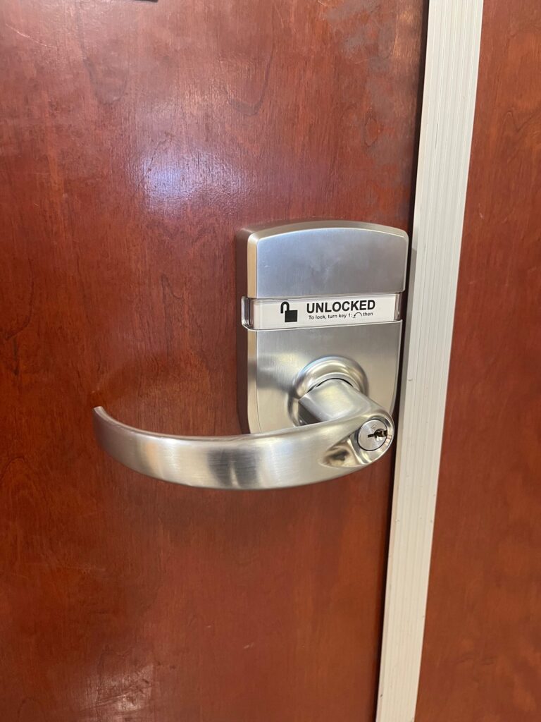 I took today's Fixed-it Friday photos at a children's hospital in California, where locks with visual indicators have been installed to help staff ensure the lock status during a lockdown.