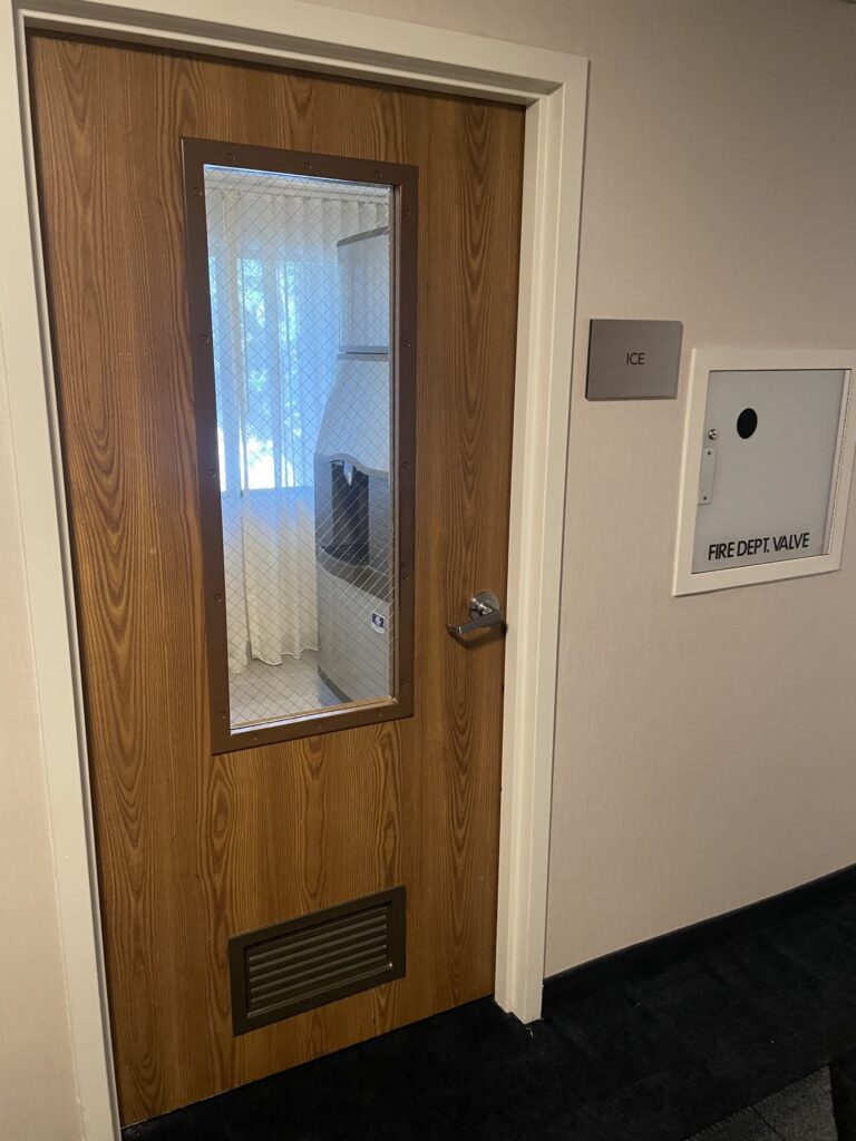 I'm sure the person who installed the louvers in the ice machine room doors in this hotel thought they were solving a problem, but they created a new one and voided the label.