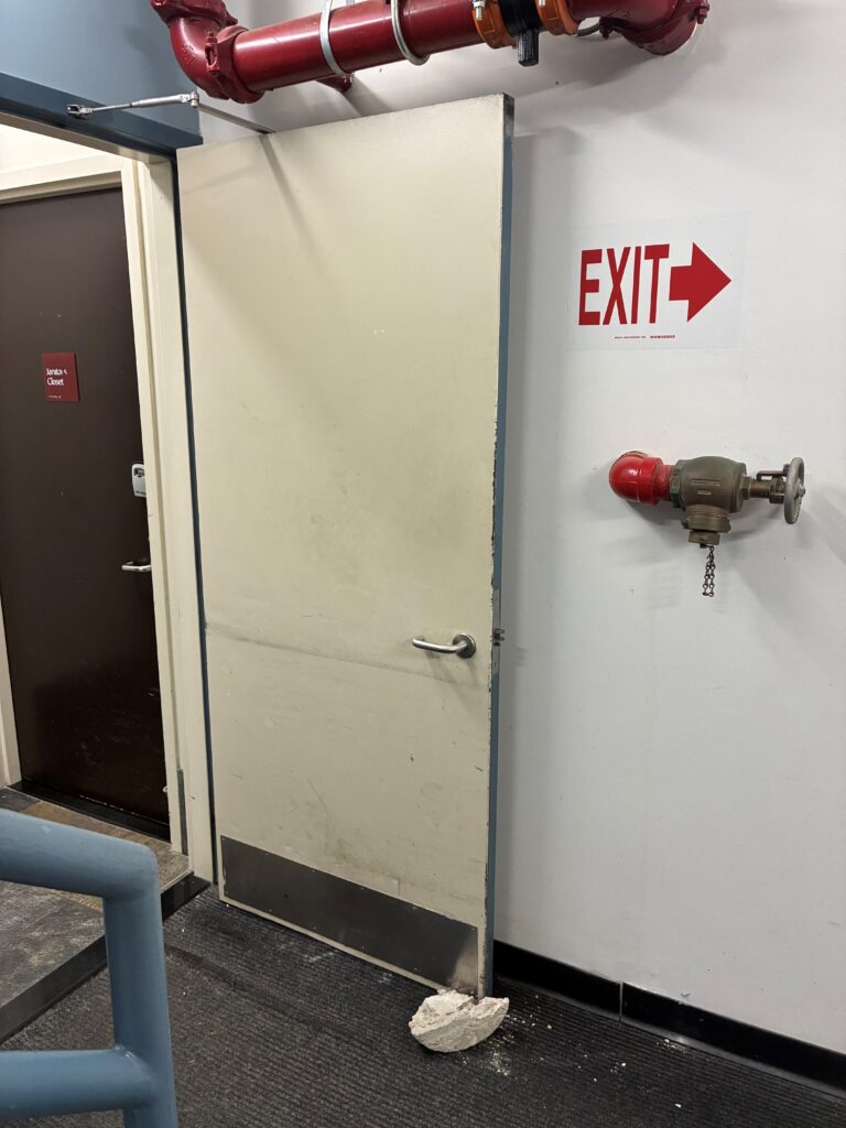 Steve Quinn of Flylock Security Solutions just sent me these photos, and they're a great example of the little details that can affect a fire door.  Can you see the problem (other than the obvious one!)?